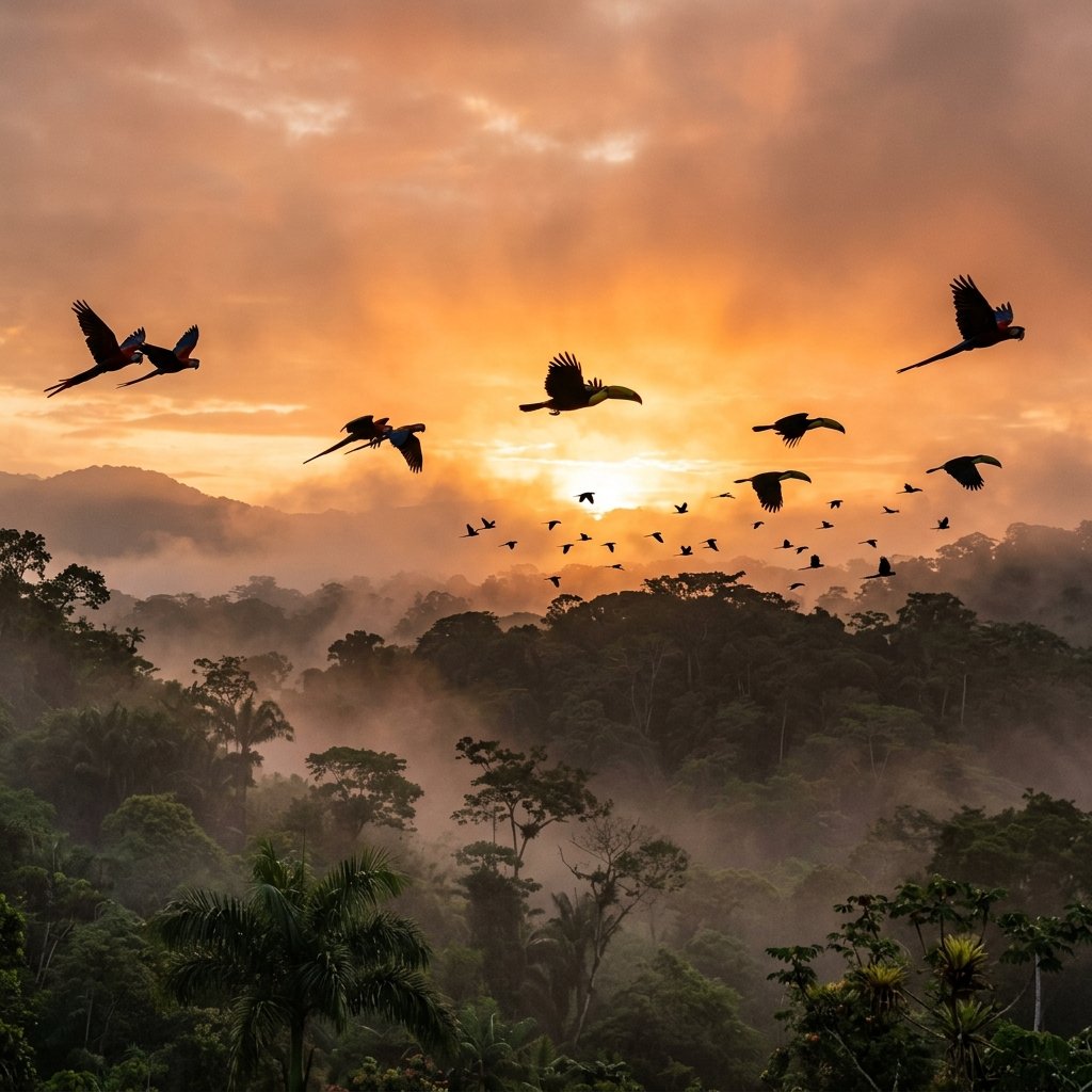 Exotic birds soaring over a misty rainforest at golden sunrise